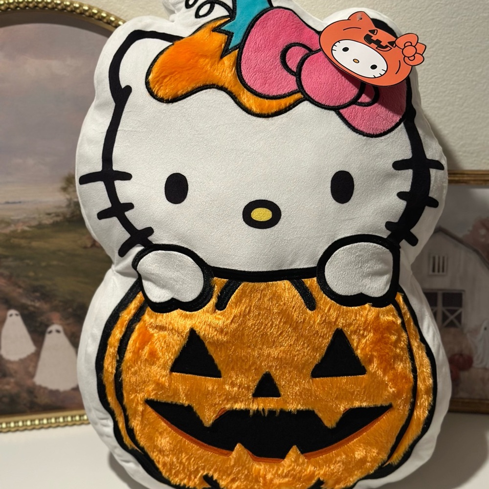 Hello Kitty Orange and Black Pumpkin Halloween Pillow